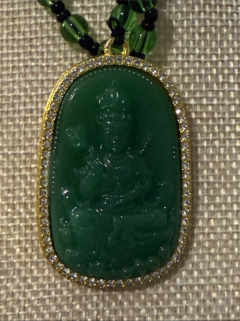 Green Glass Jade Buddha Amulet Pendant with Gold Trim - Picture 6 of 7